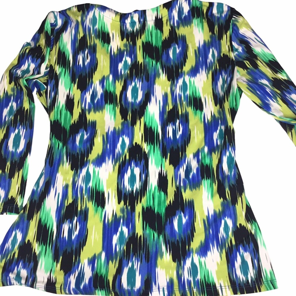 PECK & PECK Womens SMALL Blue, Green White Faux Wrap Front 3/4 Sleeve Blouse Top